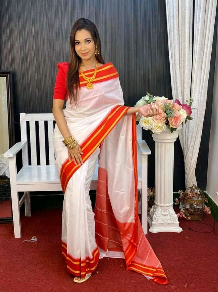 White and Red Exclusive Design half silk Saree For Women