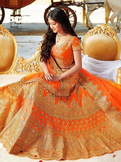 Orang & Golden Color Weightless Georgette Party Wear Heavy Embroidered Designer Lehenga Choli For Women