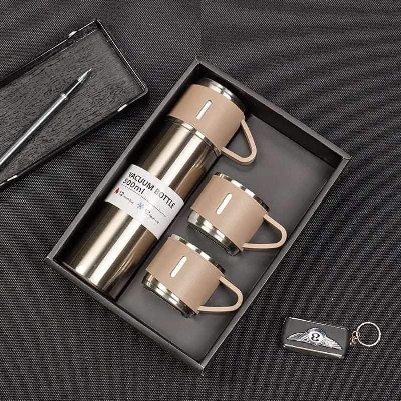 Steel Vacuum Flask Set with 3 Steel Cups Combo-500ml Double-Layer Stainless Steel - Golden