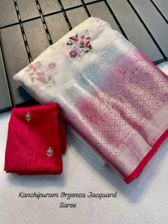 Kanchipuram Organza Jacquard Saree Multi Sequence Embroidery Work With Raw Silk Sequence Blouse