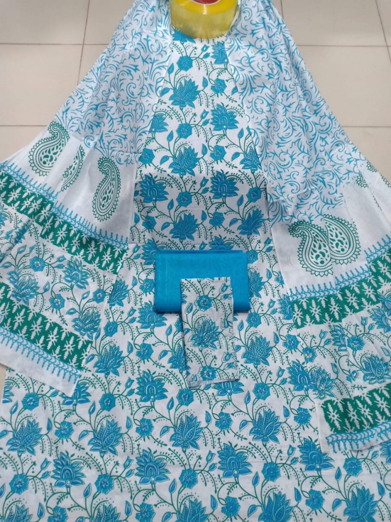 স্কিন প্রিন্ট বডি থ্রি পিচ-Block print Cotton Three Piece [3 Piece] For Women