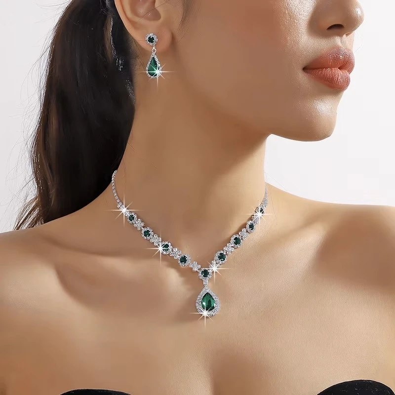 Jewelry Sets Women Elegant Waterdrop Rhinestone Pendant Necklace stud Earrings Wedding Dress Bridal Jewelry Set