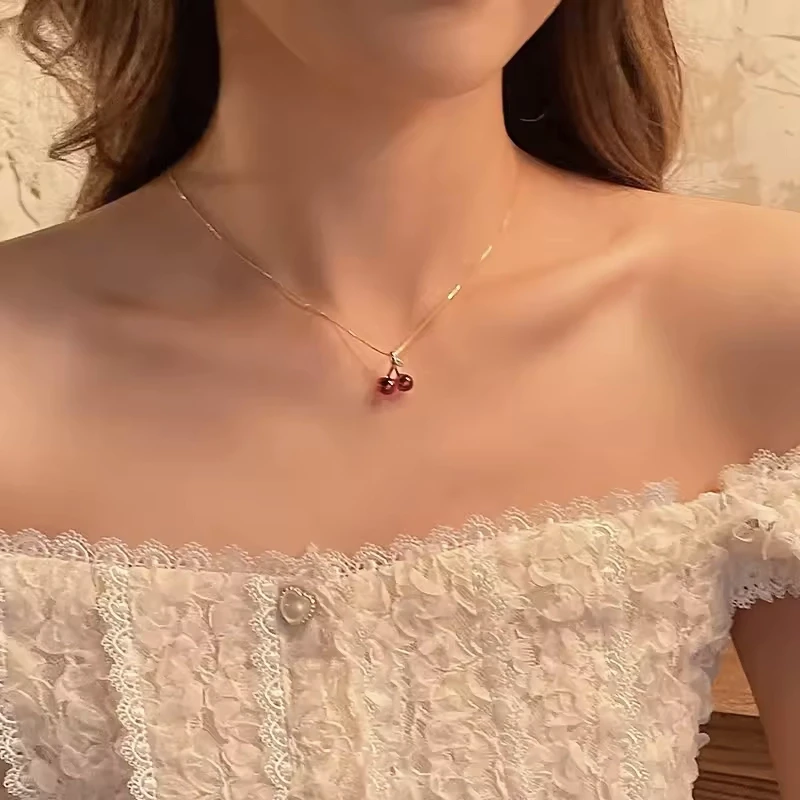 Red Cherry Gold Pendant Necklace & Earrings Set – Stylish Jewelry for Women, Perfect for Weddings & Birthdays