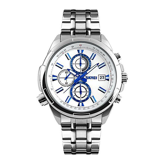 SKMEI 9107SW – Silver Stainless Steel Chronograph Watch for Men