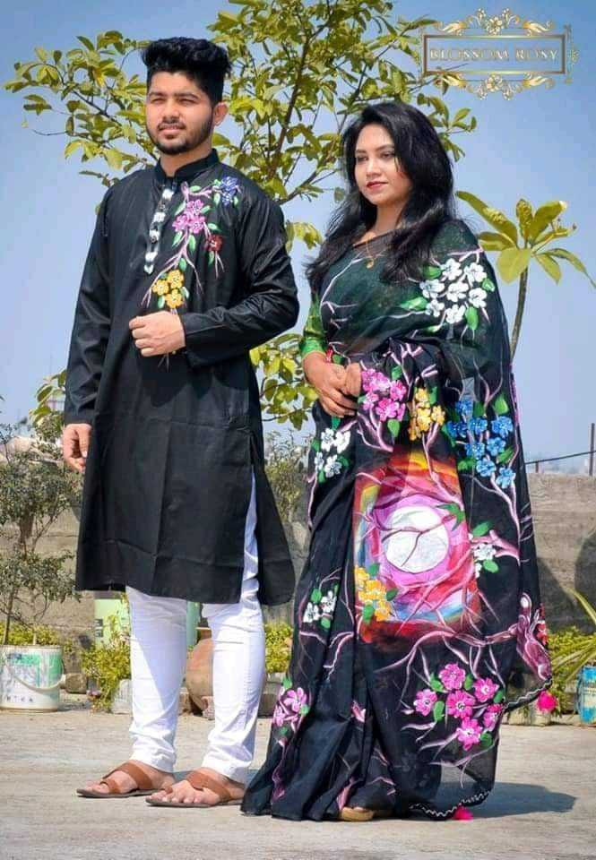 Handprint Cotton Punjabi & Sharee - Couple Set