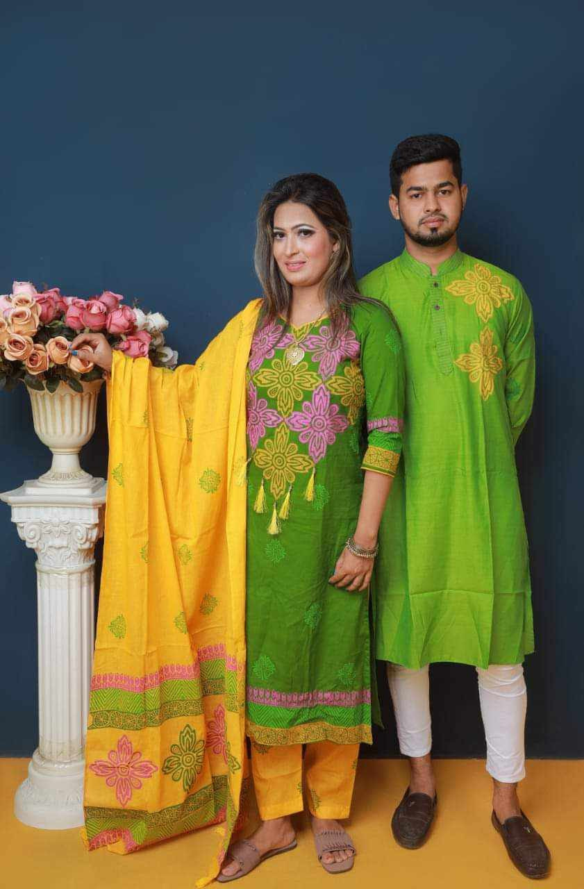 Handprint cotton Punjabi &  Selwar Kamiz With Orna (Couple Set)
