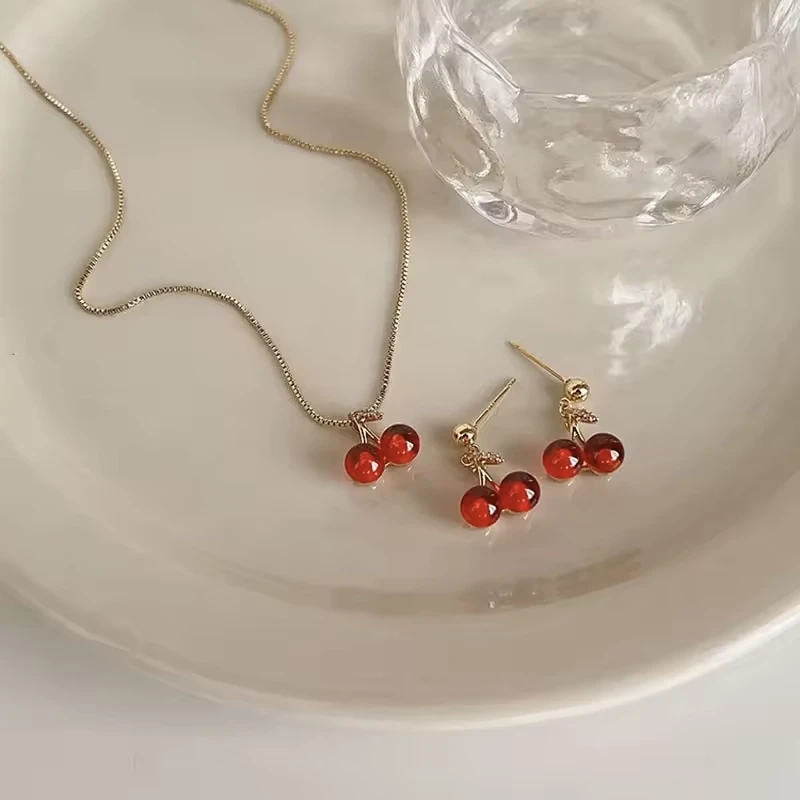 Red Cherry Gold Pendant Necklace & Earrings Set – Stylish Jewelry for Women, Perfect for Weddings & Birthdays