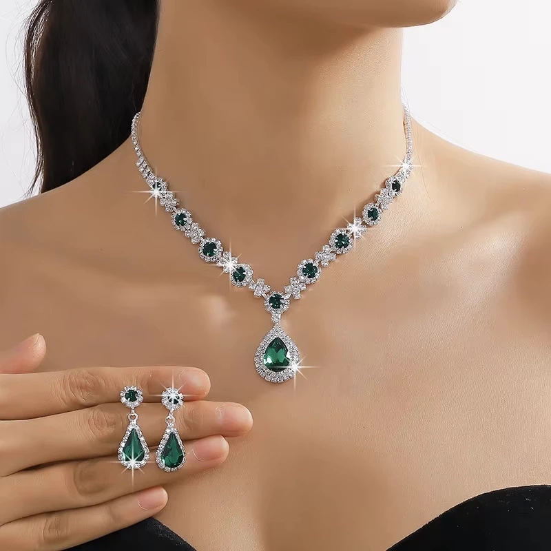 2pcs/set Jewelry Sets Women Elegant Waterdrop Rhinestone Pendant Necklace stud Earrings Wedding Dress Bridal Jewelry Set